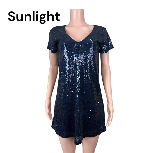 Lulus Navy Blue Sequin Short Sleeve V-Neck Shift Dress Women SZ XS - Picture 6 of 15